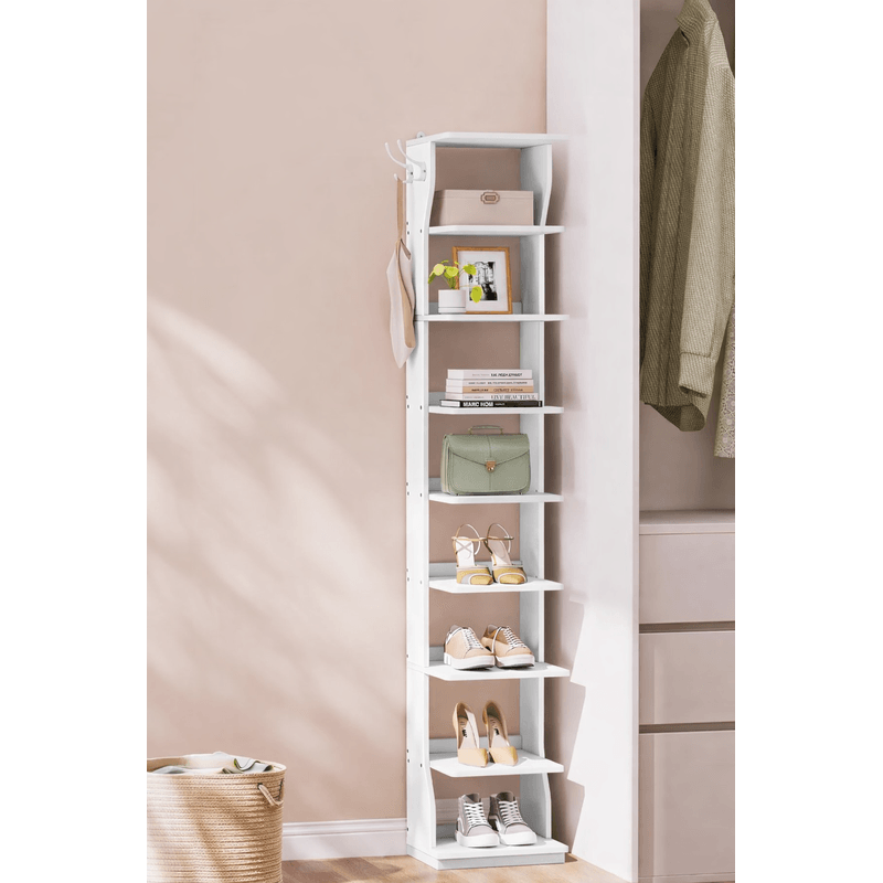 Casa si Gradina - Mobilier - Dulapuri si sifoniere - Dulapuri pantofi - Raft pantofi pentru spatii inguste, 9 niveluri, cu carlige laterale, montaj pe podea, 26x30x147 cm, alb - Infinity.ro