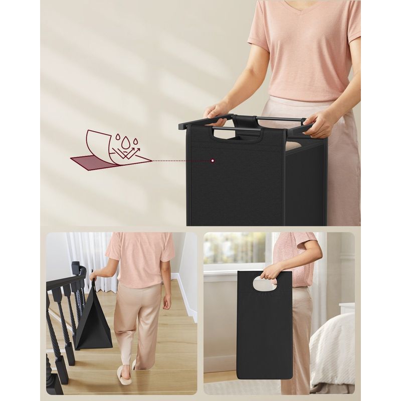 Market - Spalare si intretinere rufe - Uscatoare de rufe si accesorii - Cos de rufe, 2 compartimente, saci de rufe detasabili, raft, cadru metalic, 2x46L, 73x33x72 cm, maro si negru - Infinity.ro