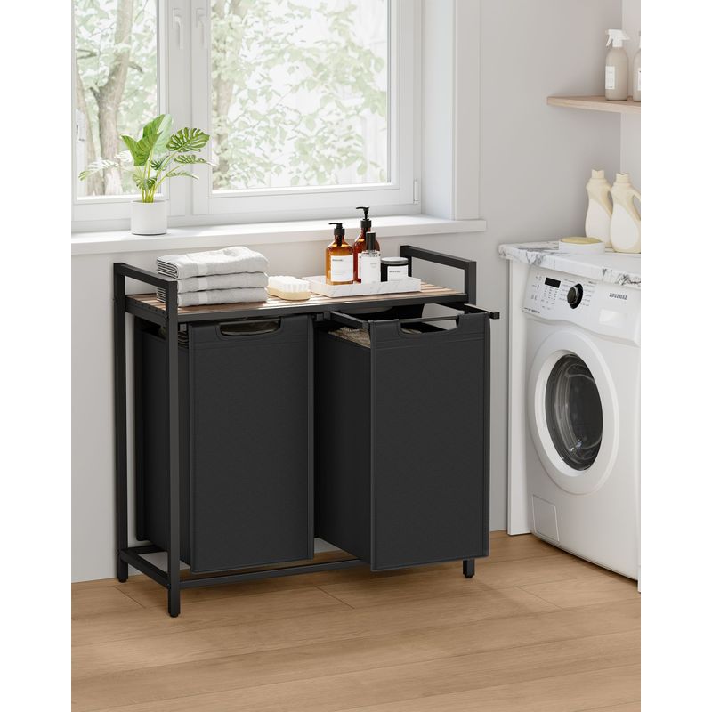 Market - Spalare si intretinere rufe - Uscatoare de rufe si accesorii - Cos de rufe, 2 compartimente, saci de rufe detasabili, raft, cadru metalic, 2x46L, 73x33x72 cm, maro si negru - Infinity.ro