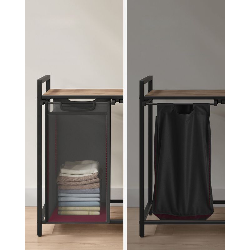 Market - Spalare si intretinere rufe - Uscatoare de rufe si accesorii - Cos de rufe, 2 compartimente, saci de rufe detasabili, raft, cadru metalic, 2x46L, 73x33x72 cm, maro si negru - Infinity.ro