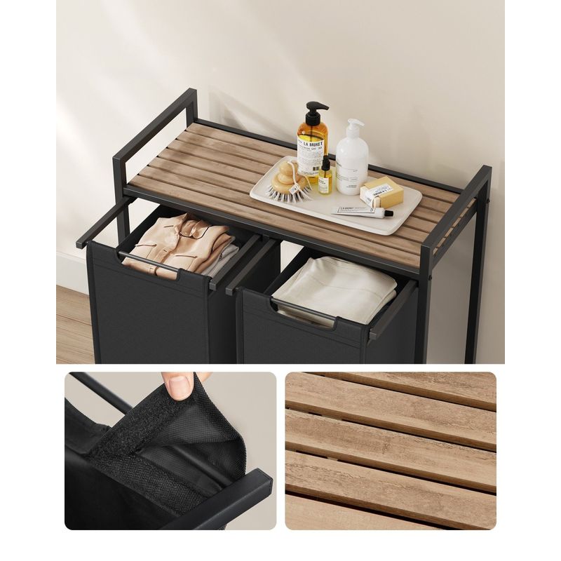 Market - Spalare si intretinere rufe - Uscatoare de rufe si accesorii - Cos de rufe, 2 compartimente, saci de rufe detasabili, raft, cadru metalic, 2x46L, 73x33x72 cm, maro si negru - Infinity.ro