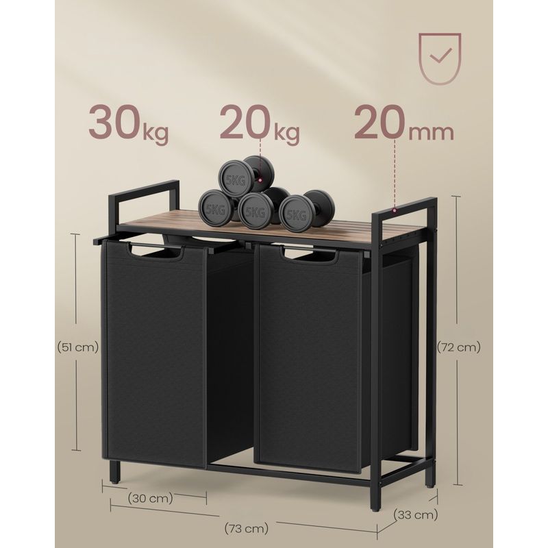 Market - Spalare si intretinere rufe - Uscatoare de rufe si accesorii - Cos de rufe, 2 compartimente, saci de rufe detasabili, raft, cadru metalic, 2x46L, 73x33x72 cm, maro si negru - Infinity.ro