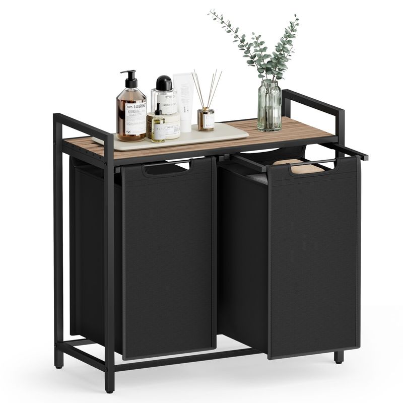 Market - Spalare si intretinere rufe - Uscatoare de rufe si accesorii - Cos de rufe, 2 compartimente, saci de rufe detasabili, raft, cadru metalic, 2x46L, 73x33x72 cm, maro si negru - Infinity.ro