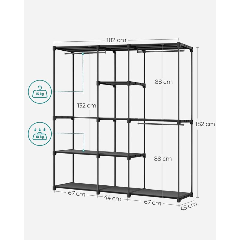 Casa si Gradina - Mobilier - Dulapuri si sifoniere - Dulapuri - Dulap portabil pentru haine cu 3 bare de suspendare si rafturi, structura metalica, 43x182x182 cm, negru - Infinity.ro