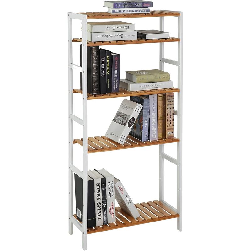 Casa si Gradina - Mobilier - Biblioteci si rafturi - Rafturi - Raft de depozitare din bambus, 5 polite, pentru bucatarie sau baie, 130x60x26cm, alb si maro natur - Infinity.ro