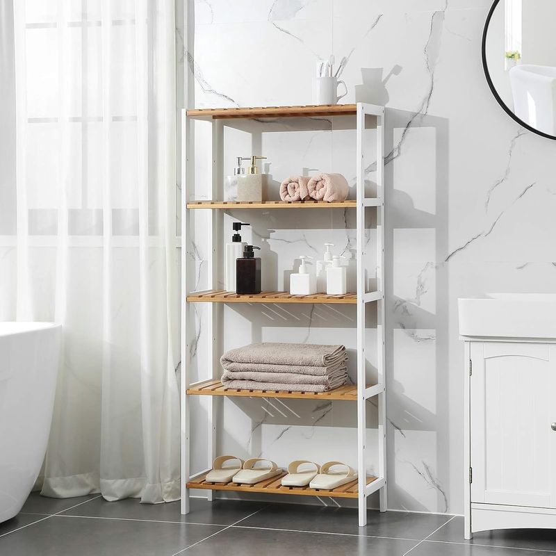 Casa si Gradina - Mobilier - Biblioteci si rafturi - Rafturi - Raft de depozitare din bambus, 5 polite, pentru bucatarie sau baie, 130x60x26cm, alb si maro natur - Infinity.ro