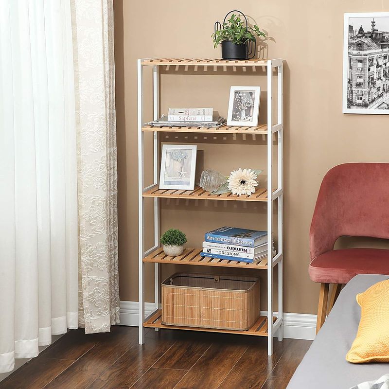 Casa si Gradina - Mobilier - Biblioteci si rafturi - Rafturi - Raft de depozitare din bambus, 5 polite, pentru bucatarie sau baie, 130x60x26cm, alb si maro natur - Infinity.ro