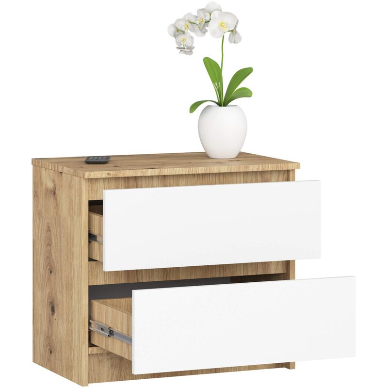 Casa si Gradina - Mobilier - Comode si corpuri - Comode - Comoda cu 2 sertare din PAL laminat 16 mm, 60x40x55 cm, stejar artisan si alb - Infinity.ro