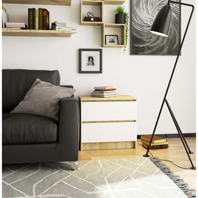 Casa si Gradina - Mobilier - Comode si corpuri - Comode - Comoda cu 2 sertare din PAL laminat 16 mm, 60x40x55 cm, stejar artisan si alb - Infinity.ro