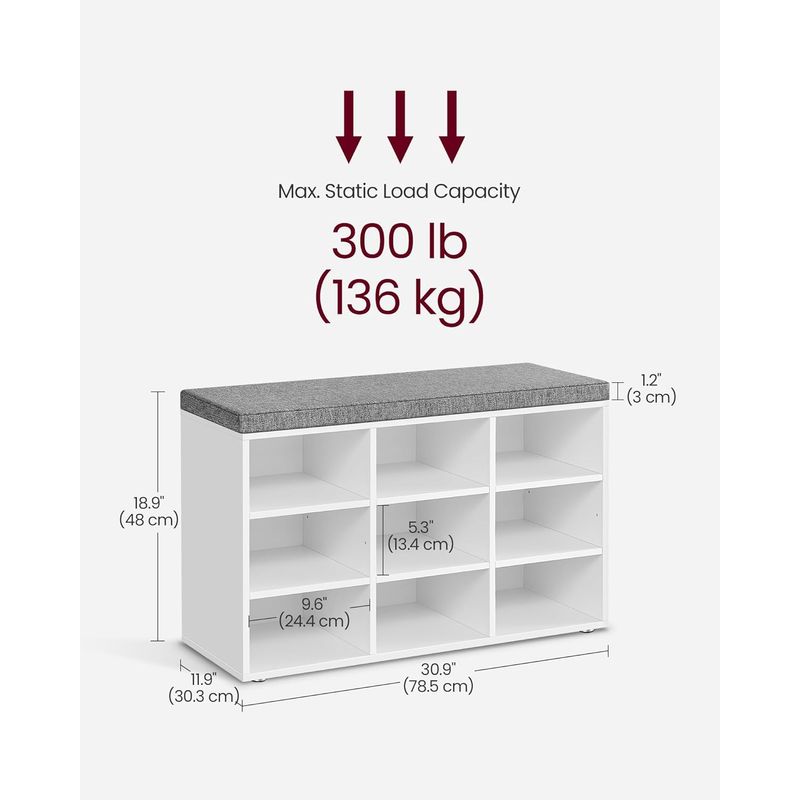 Casa si Gradina - Mobilier - Dulapuri si sifoniere - Dulapuri pantofi - Pantofar cu banca cu 9 compartimente si perna, sarcina 136 kg, 79x30x48 cm, alb - Infinity.ro
