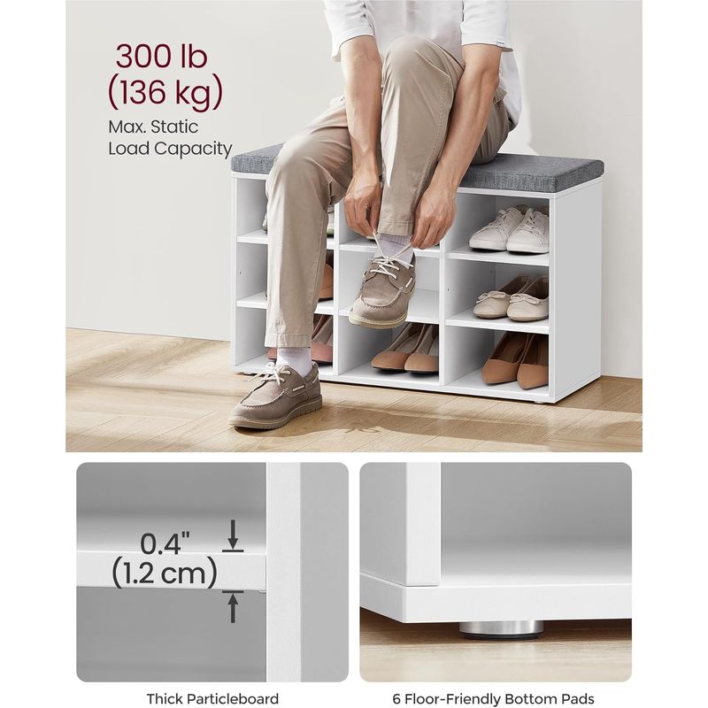 Casa si Gradina - Mobilier - Dulapuri si sifoniere - Dulapuri pantofi - Pantofar cu banca cu 9 compartimente si perna, sarcina 136 kg, 79x30x48 cm, alb - Infinity.ro