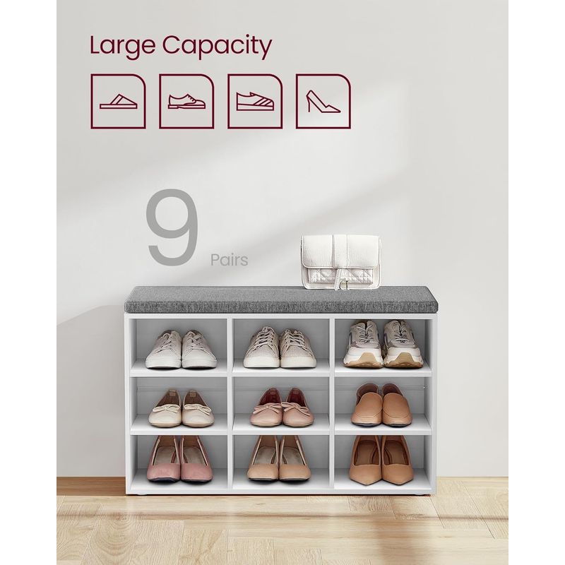 Casa si Gradina - Mobilier - Dulapuri si sifoniere - Dulapuri pantofi - Pantofar cu banca cu 9 compartimente si perna, sarcina 136 kg, 79x30x48 cm, alb - Infinity.ro
