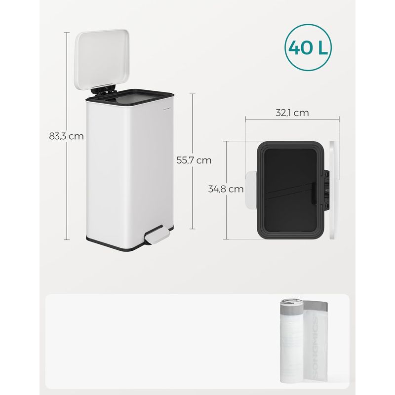 Casa si Gradina - Mobilier - Organizare si depozitare - Cosuri de gunoi - Cos de gunoi din otel, cu pedala si soft-close, saci gunoi inclusi, 40 litri, alb - Infinity.ro