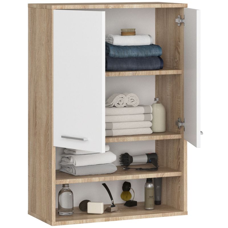 Casa si Gradina - Mobilier - Mobilier baie - Corpuri baie - Dulap baie suspendat, cu 2 usi si 2 rafturi deschise, PAL 16 mm, 64x30x94 cm, stejar sonoma si alb - Infinity.ro
