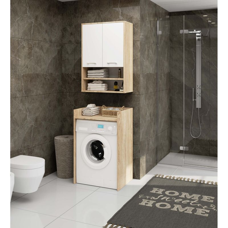 Casa si Gradina - Mobilier - Mobilier baie - Corpuri baie - Dulap baie suspendat, cu 2 usi si 2 rafturi deschise, PAL 16 mm, 64x30x94 cm, stejar sonoma si alb - Infinity.ro