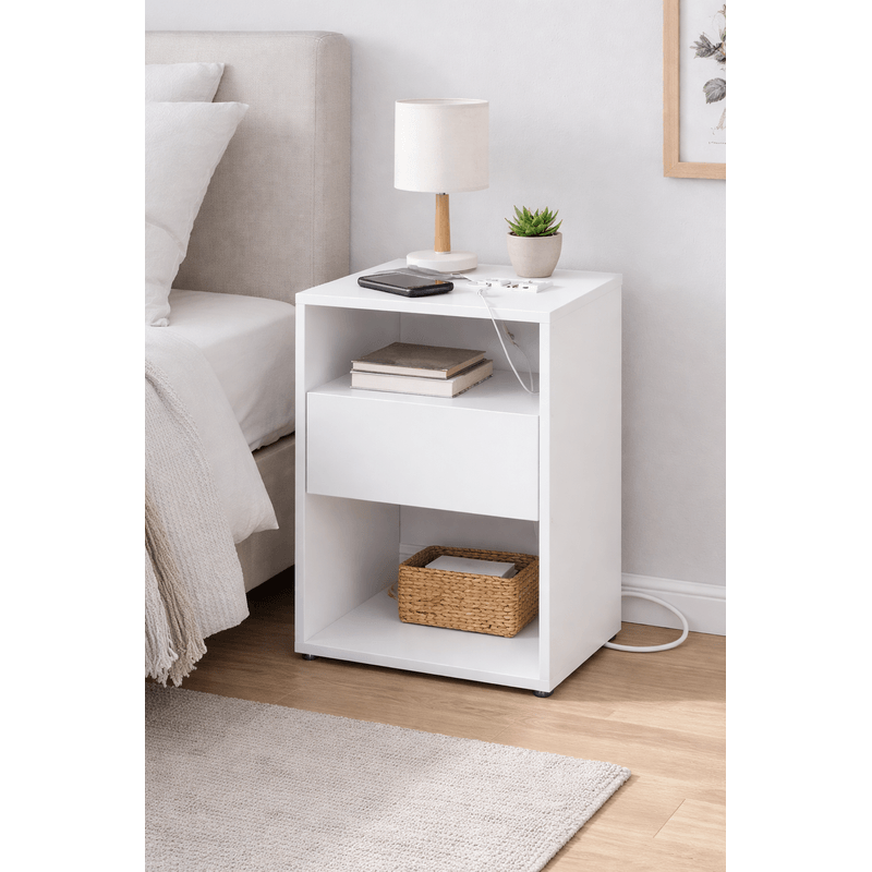 Casa si Gradina - Mobilier - Comode si corpuri - Noptiere - Noptiera cu sertar si statie de incarcare, 2 prize, 2 porturi USB, 45x35x58 cm, alb - Infinity.ro