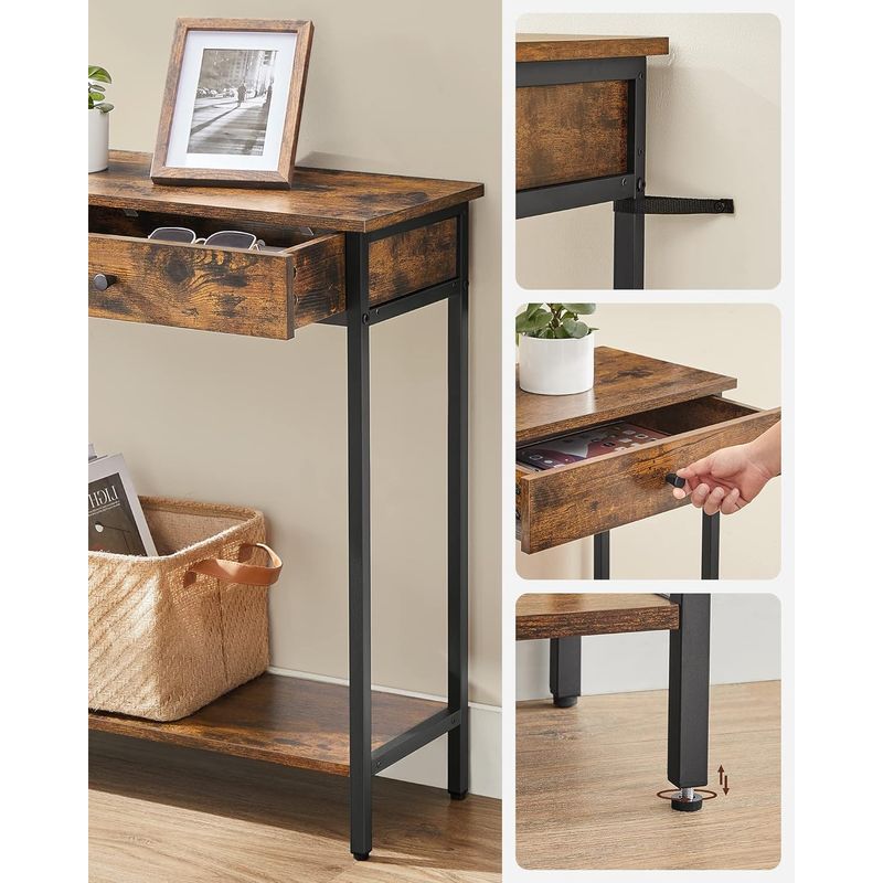Casa si Gradina - Mobilier - Comode si corpuri - Console - Masa consola pentru hol cu 2 sertare, stil industrial, PAL si cadru metalic, 100x30x80 cm, maro rustic - Infinity.ro