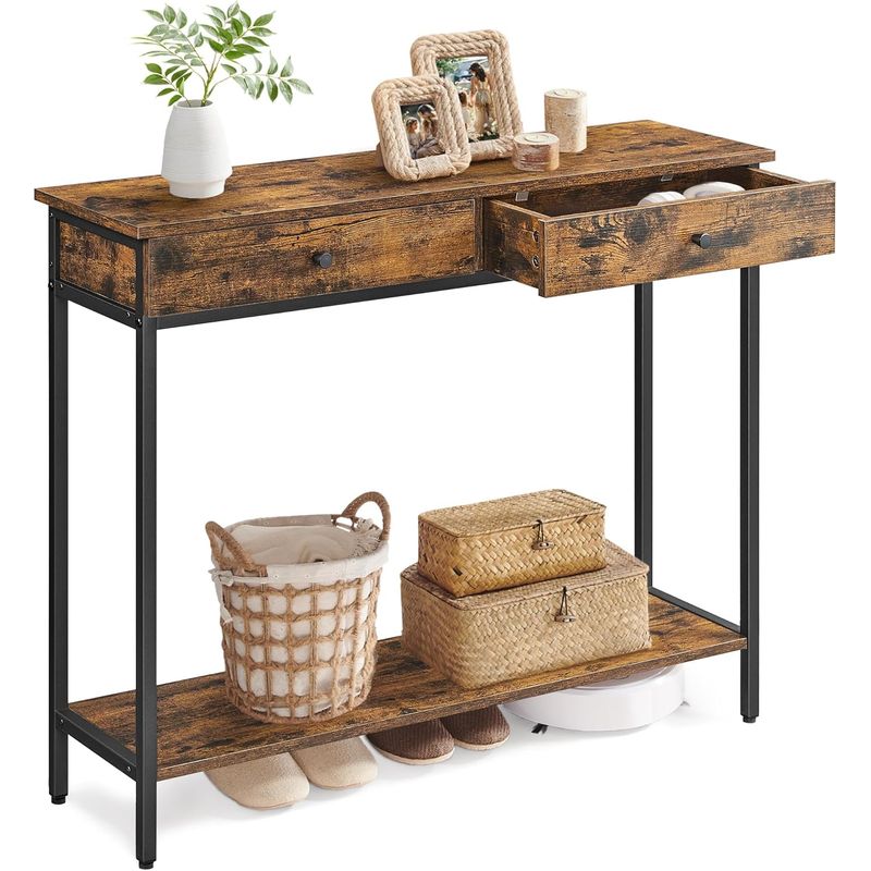Casa si Gradina - Mobilier - Comode si corpuri - Console - Masa consola pentru hol cu 2 sertare, stil industrial, PAL si cadru metalic, 100x30x80 cm, maro rustic - Infinity.ro