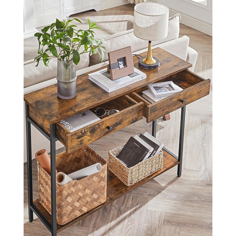 Casa si Gradina - Mobilier - Comode si corpuri - Console - Masa consola pentru hol cu 2 sertare, stil industrial, PAL si cadru metalic, 100x30x80 cm, maro rustic - Infinity.ro