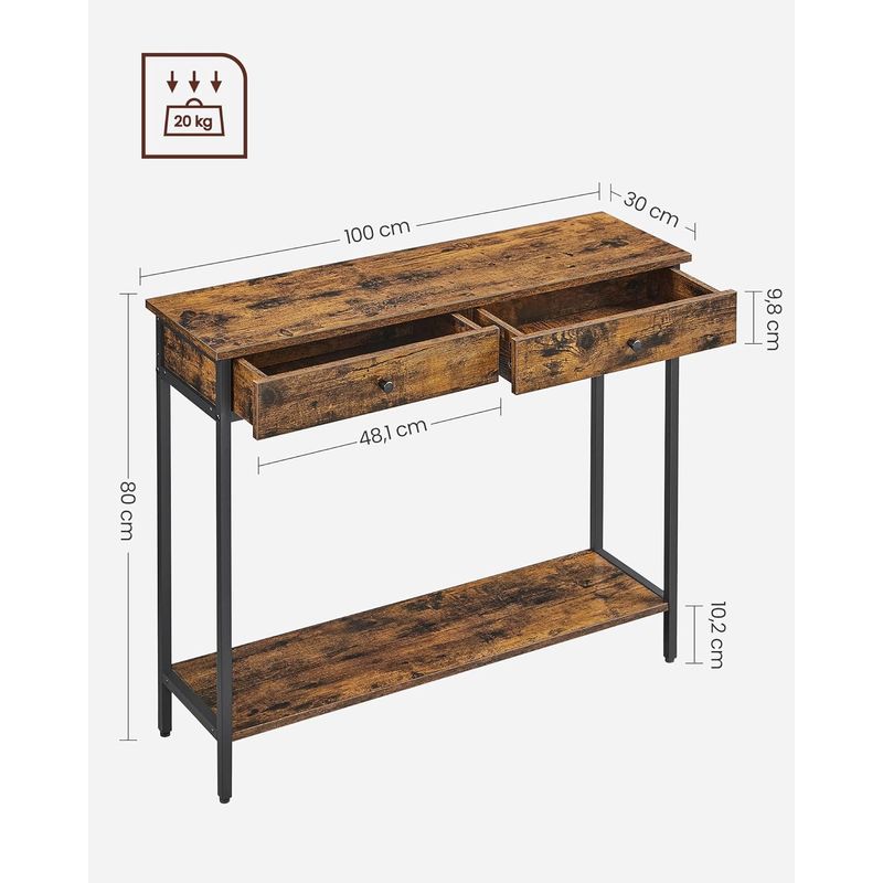 Casa si Gradina - Mobilier - Comode si corpuri - Console - Masa consola pentru hol cu 2 sertare, stil industrial, PAL si cadru metalic, 100x30x80 cm, maro rustic - Infinity.ro