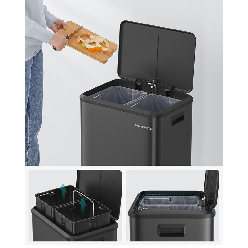 Casa si Gradina - Mobilier - Organizare si depozitare - Cosuri de gunoi - Cos gunoi metalic, 2 compartimente, 2x15 litri, pedala si inchidere silentioasa, negru - Infinity.ro