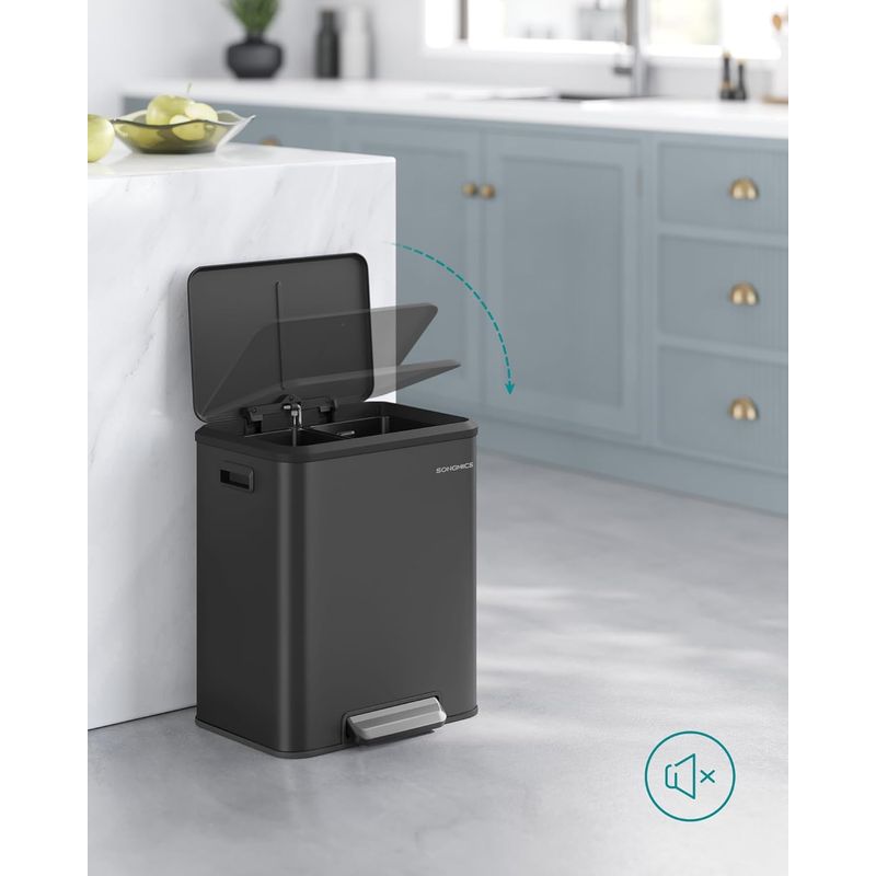 Casa si Gradina - Mobilier - Organizare si depozitare - Cosuri de gunoi - Cos gunoi metalic, 2 compartimente, 2x15 litri, pedala si inchidere silentioasa, negru - Infinity.ro