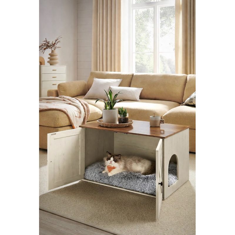 Petshop - Ingrijire si Igiena - Litiere si accesorii - Litiere acoperite - Litiera mascata tip mobilier cu usi model hambar, compartiment cu separator, 80x53x50 cm, alb - Infinity.ro