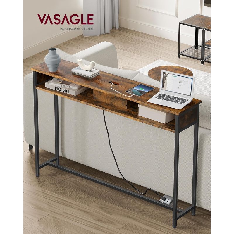 Casa si Gradina - Mobilier - Comode si corpuri - Console - Masa tip consola ingusta, cu 2 prize si 2 porturi USB incorporate, 120x25x81 cm, maro rustic - Infinity.ro