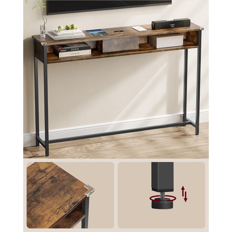Casa si Gradina - Mobilier - Comode si corpuri - Console - Masa tip consola ingusta, cu 2 prize si 2 porturi USB incorporate, 120x25x81 cm, maro rustic - Infinity.ro