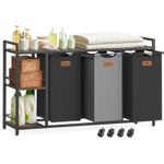 Market - Spalare si intretinere rufe - Uscatoare de rufe si accesorii - Cos de rufe cu rafturi si roti, 3 compartimente cu saci de rufe detasabili, 3x50 litri, 117x33x81 cm, maro si negru - Infinity.ro