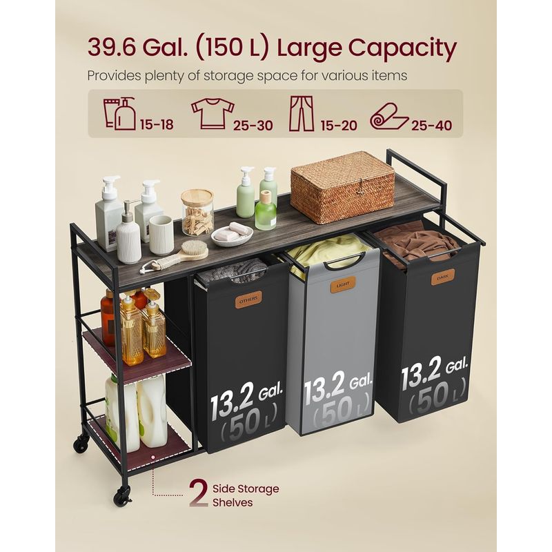Market - Spalare si intretinere rufe - Uscatoare de rufe si accesorii - Cos de rufe cu rafturi si roti, 3 compartimente cu saci de rufe detasabili, 3x50 litri, 117x33x81 cm, maro si negru - Infinity.ro