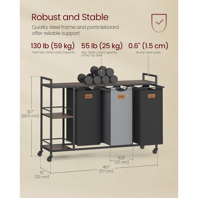 Market - Spalare si intretinere rufe - Uscatoare de rufe si accesorii - Cos de rufe cu rafturi si roti, 3 compartimente cu saci de rufe detasabili, 3x50 litri, 117x33x81 cm, maro si negru - Infinity.ro