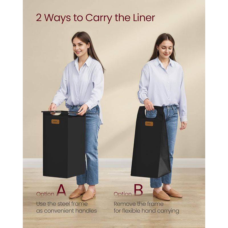 Market - Spalare si intretinere rufe - Uscatoare de rufe si accesorii - Cos de rufe cu rafturi si roti, 3 compartimente cu saci de rufe detasabili, 3x50 litri, 117x33x81 cm, maro si negru - Infinity.ro