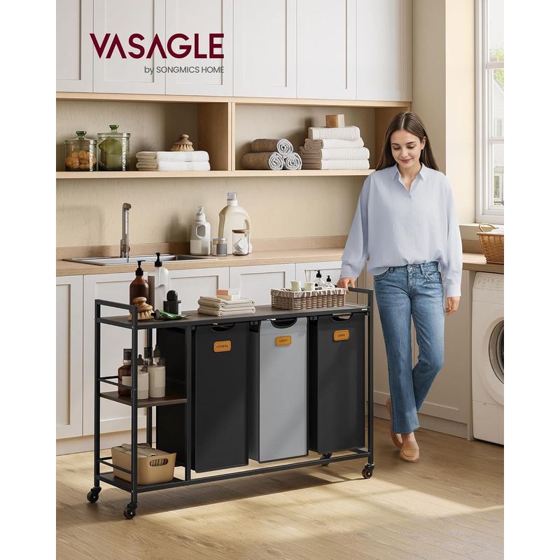 Market - Spalare si intretinere rufe - Uscatoare de rufe si accesorii - Cos de rufe cu rafturi si roti, 3 compartimente cu saci de rufe detasabili, 3x50 litri, 117x33x81 cm, maro si negru - Infinity.ro