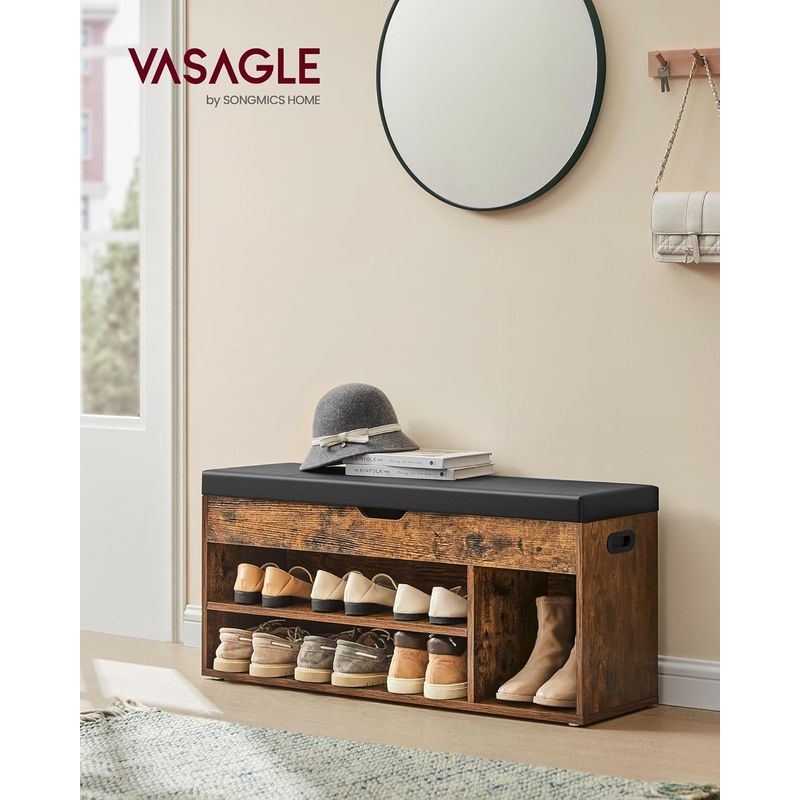 Casa si Gradina - Mobilier - Dulapuri si sifoniere - Dulapuri pantofi - Pantofar cu banca capitonata, 3 compartimente, sarcina 150 kg, 30x100x44 cm, vintage, maro rustic - Infinity.ro