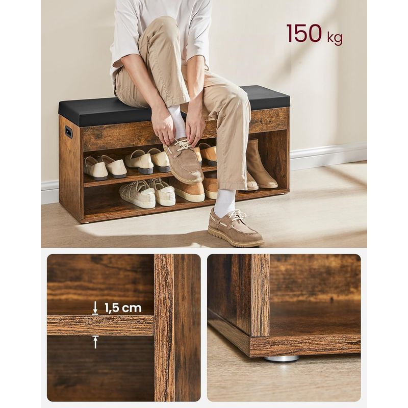 Casa si Gradina - Mobilier - Dulapuri si sifoniere - Dulapuri pantofi - Pantofar cu banca capitonata, 3 compartimente, sarcina 150 kg, 30x100x44 cm, vintage, maro rustic - Infinity.ro
