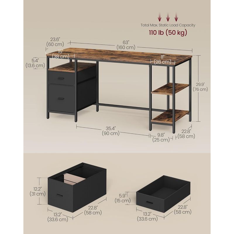 Casa si Gradina - Mobilier - Mese si birouri - Birouri - Birou cu 3 rafturi si 2 sertare, cadru metalic si PAL, montaj reversibil, 160x60x76 cm, maro rustic - Infinity.ro