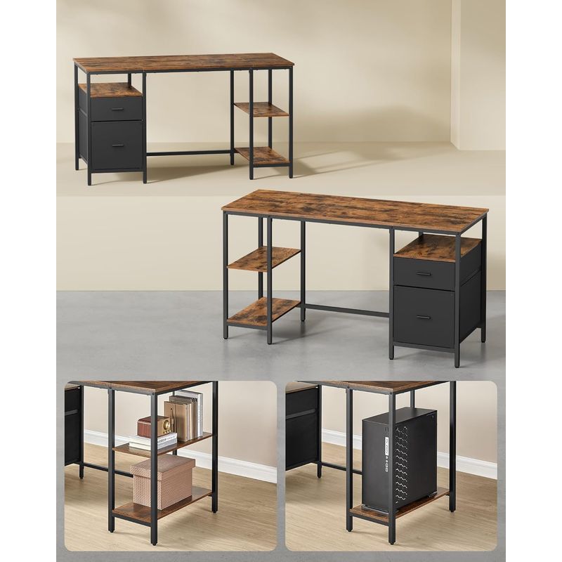 Casa si Gradina - Mobilier - Mese si birouri - Birouri - Birou calculator cu 3 rafturi si 2 sertare, cadru metalic, stil industrial, 140x60x76 cm, maro rustic - Infinity.ro