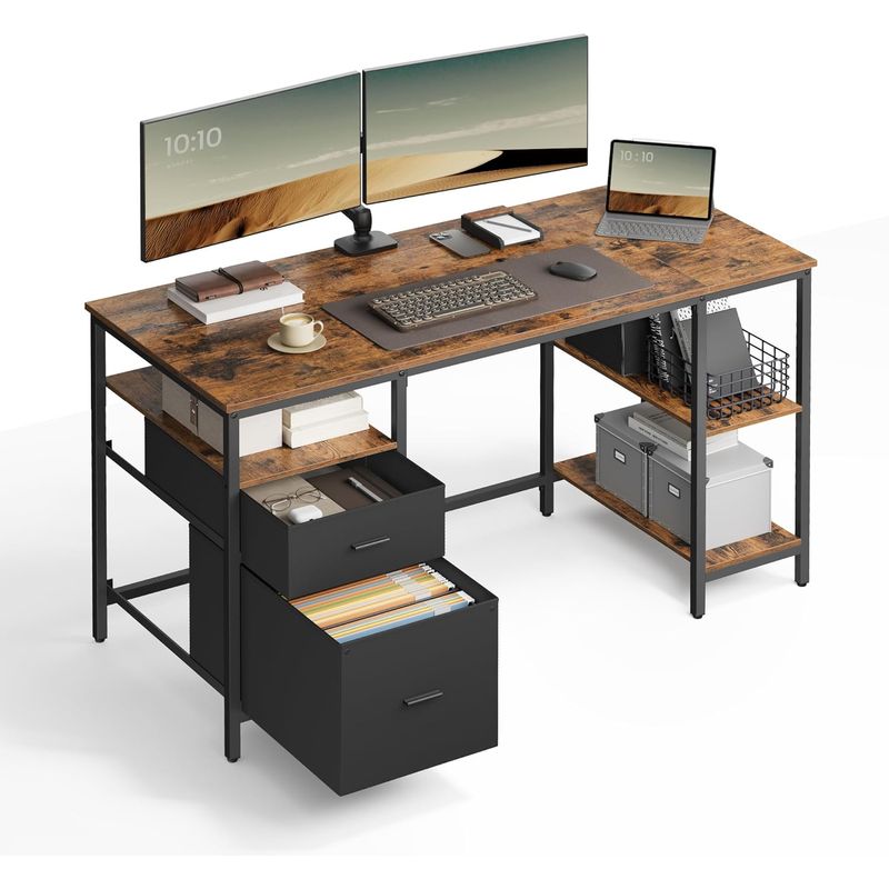 Casa si Gradina - Mobilier - Mese si birouri - Birouri - Birou calculator cu 3 rafturi si 2 sertare, cadru metalic, stil industrial, 140x60x76 cm, maro rustic - Infinity.ro