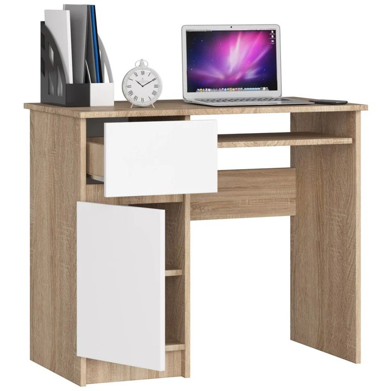 Casa si Gradina - Mobilier - Mese si birouri - Birouri - Birou computer PIKSEL, cu sertar, dulap si raft pentru tastatura, stanga, 90x50x77 cm, stejar sonoma si alb - Infinity.ro