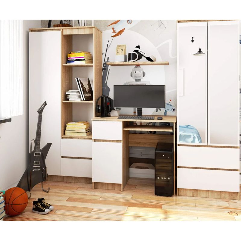 Casa si Gradina - Mobilier - Mese si birouri - Birouri - Birou computer PIKSEL, cu sertar, dulap si raft pentru tastatura, stanga, 90x50x77 cm, stejar sonoma si alb - Infinity.ro