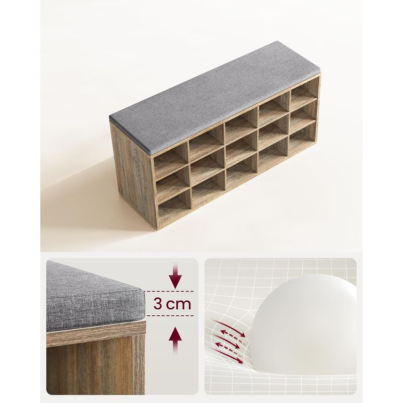 Casa si Gradina - Mobilier - Dulapuri si sifoniere - Dulapuri pantofi - Banca pantofi cu sezut si perna, 15 compartimente deschise, PAL, 105x30x48 cm, gri stejar - Infinity.ro