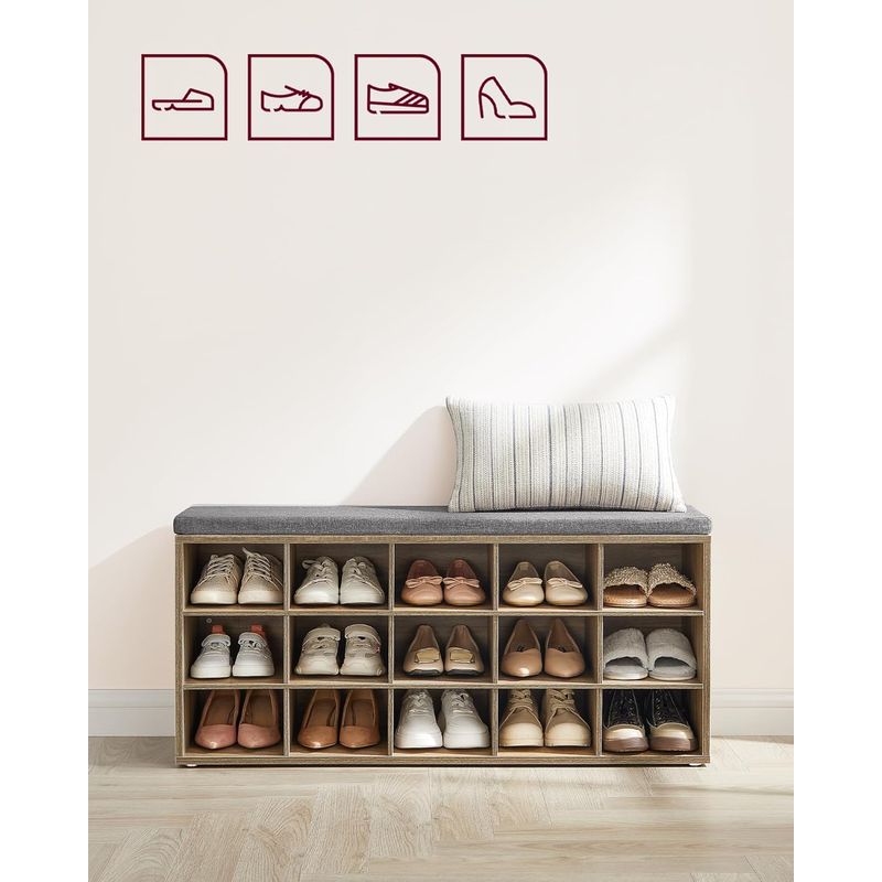 Casa si Gradina - Mobilier - Dulapuri si sifoniere - Dulapuri pantofi - Banca pantofi cu sezut si perna, 15 compartimente deschise, PAL, 105x30x48 cm, gri stejar - Infinity.ro