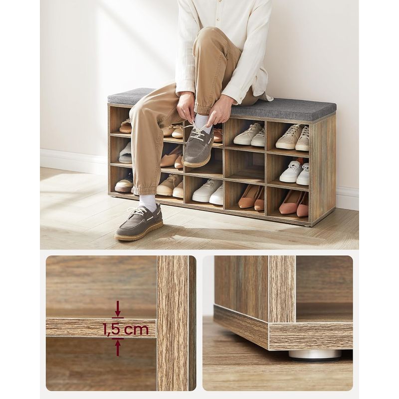 Casa si Gradina - Mobilier - Dulapuri si sifoniere - Dulapuri pantofi - Banca pantofi cu sezut si perna, 15 compartimente deschise, PAL, 105x30x48 cm, gri stejar - Infinity.ro