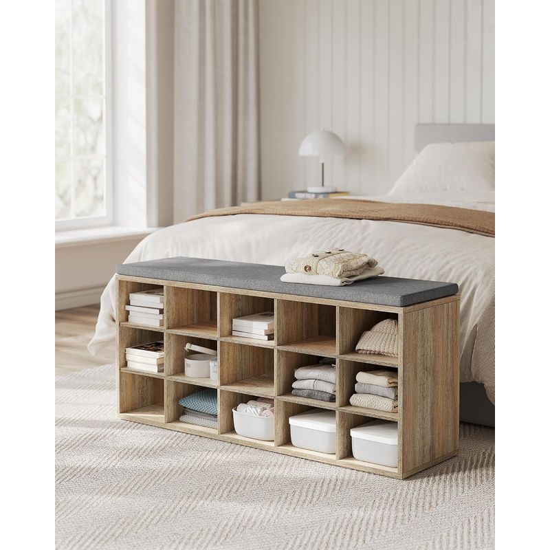 Casa si Gradina - Mobilier - Dulapuri si sifoniere - Dulapuri pantofi - Banca pantofi cu sezut si perna, 15 compartimente deschise, PAL, 105x30x48 cm, gri stejar - Infinity.ro