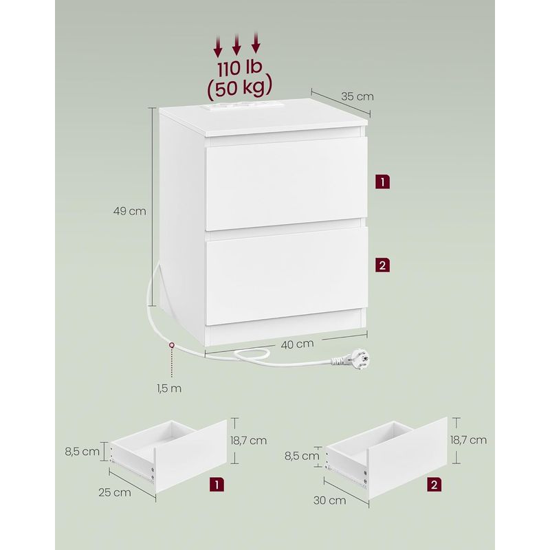 Casa si Gradina - Mobilier - Comode si corpuri - Noptiere - Noptiera Kailyn cu 2 sertare, 2 prize integrate si 2 porturi USB, 40x35x49 cm, alb - Infinity.ro