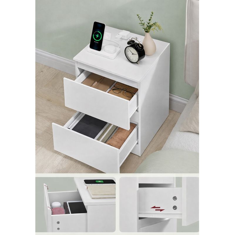 Casa si Gradina - Mobilier - Comode si corpuri - Noptiere - Noptiera Kailyn cu 2 sertare, 2 prize integrate si 2 porturi USB, 40x35x49 cm, alb - Infinity.ro