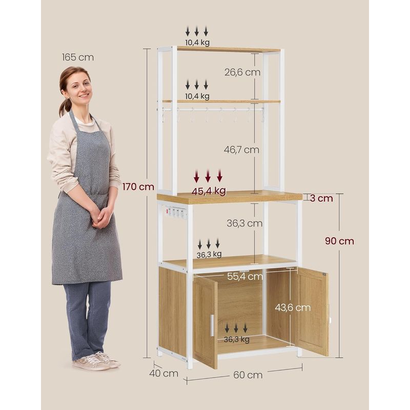 Casa si Gradina - Mobilier - Comode si corpuri - Corpuri bucatarie - Raft bucatarie cu 4 prize, blat de lucru 90 cm, raft microunde, dulap si carlige, 40x60x170 cm, alb si stejar - Infinity.ro