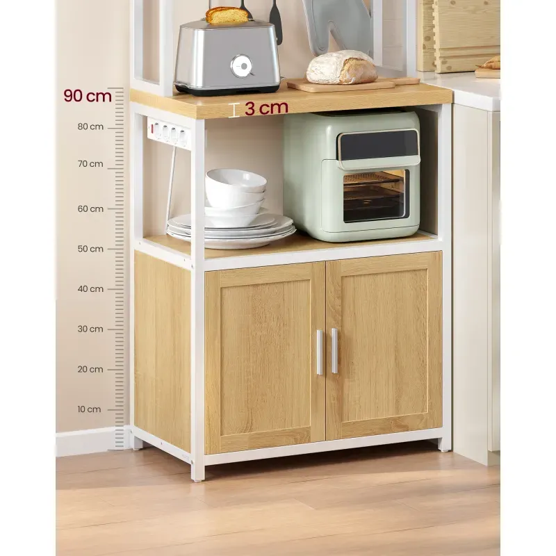 Casa si Gradina - Mobilier - Comode si corpuri - Corpuri bucatarie - Raft bucatarie cu 4 prize, blat de lucru 90 cm, raft microunde, dulap si carlige, 40x60x170 cm, alb si stejar - Infinity.ro