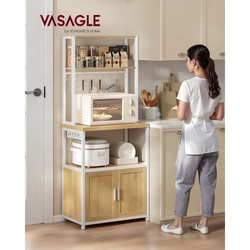 Casa si Gradina - Mobilier - Comode si corpuri - Corpuri bucatarie - Raft bucatarie cu 4 prize, blat de lucru 90 cm, raft microunde, dulap si carlige, 40x60x170 cm, alb si stejar - Infinity.ro